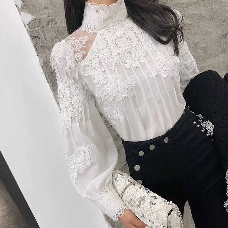 TWOTWINSTYLE Mesh Lace Patchwork Shirt Female Stand Collar Lantern Sleeve Woman Blouses 2019 Autumn Korean Fashion Clothing New (2).jpg_.webp