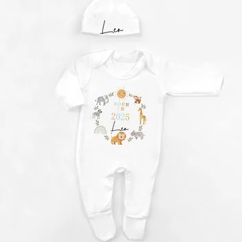Personalised Sleepsuit New Baby Gift Safari Babygrow Born in 2025 Gift Going Home Outfit Custom Baby Romper and Hat