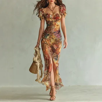 Elegant Short Sleeve Slim Maxi Dress Women 2026 Summer Bodycon Floral Print Long Dresses Casual 1