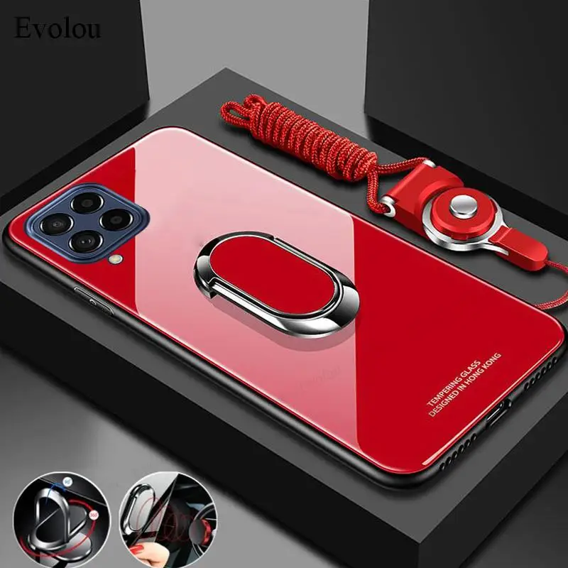 Magnetic Ring Stand Holder Phone Case with Tempered Glass and Shockproof Soft Frame Cover & Lanyard