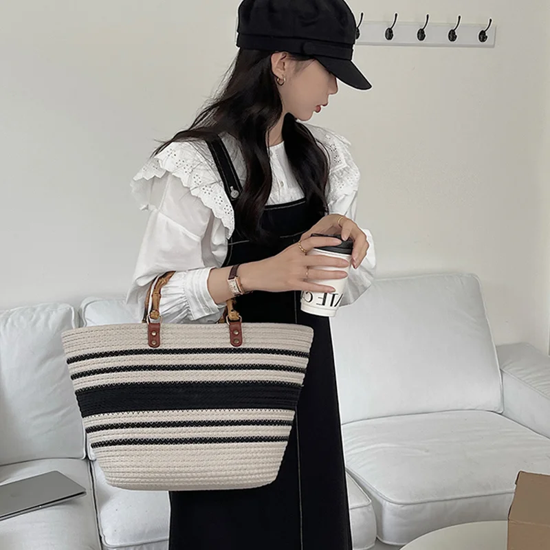 New Imitation Bamboo Knot Handbag Cotton Thread Tote Woven Women's Bag Mommy Large Capacity Straw Woven Bag Handle Bag