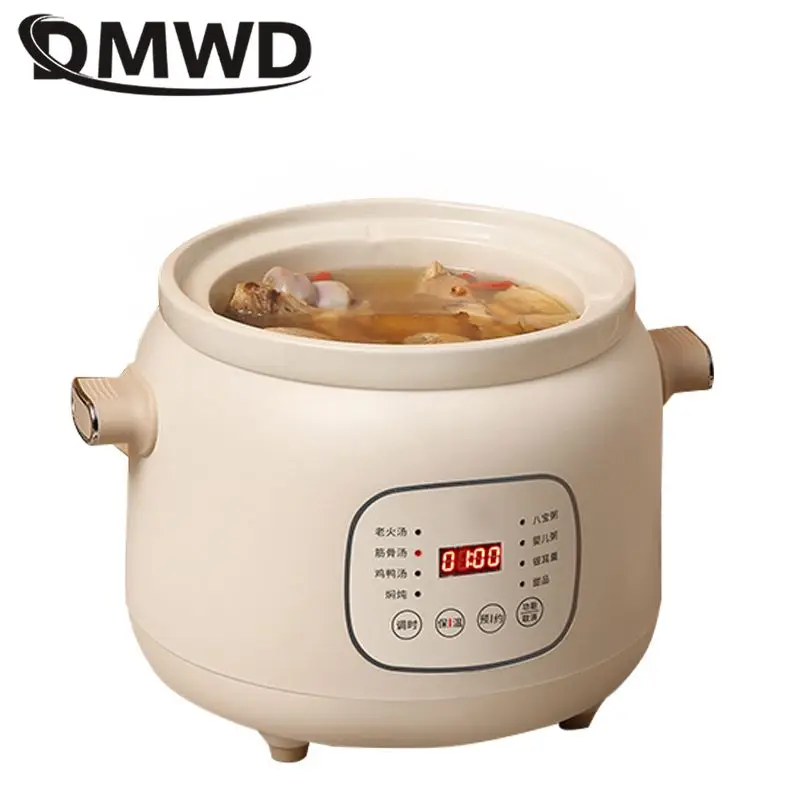 DMWD 3L Household Electric Slow Cooker Stew Pot Ceramic Soup Pot Casserole Breakfast Machine Porridge 24H Appointment
