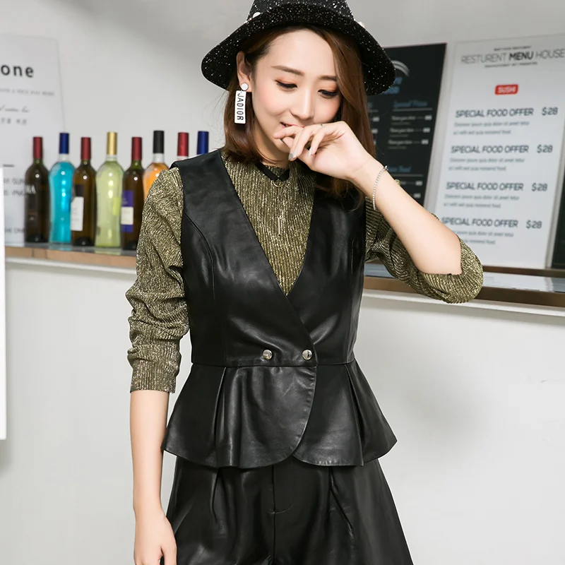 

Leather Vest Waistcoat Women's Spring Autumn Short Sheepskin Tops Genuine Slim Sleeveless Small Outer Wear