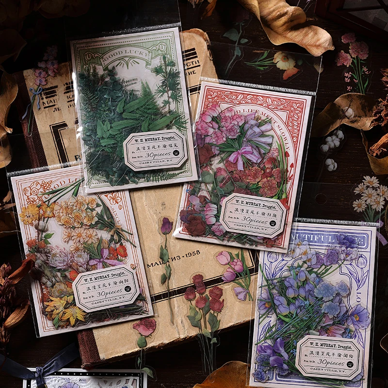 30pcs Retro Green Plants PET Deco Stickers Plant Flower Leaf