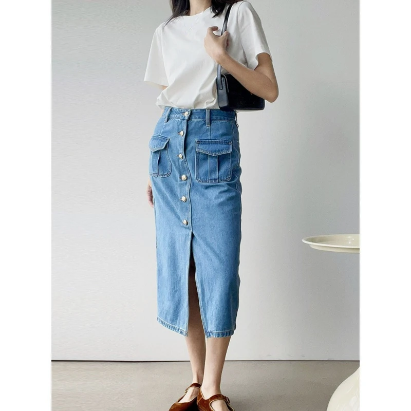 

Women High Waist Metal Buckle Slit Denim Skirt 2023 Spring and Summer New