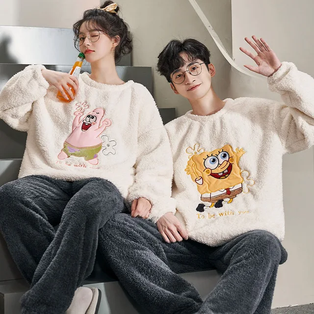 New Spongebob Squarepants Pajama Sets Kawaii Winter Coral Fleece Pajamas for Women Cute Patrick Star Couple Loungewear