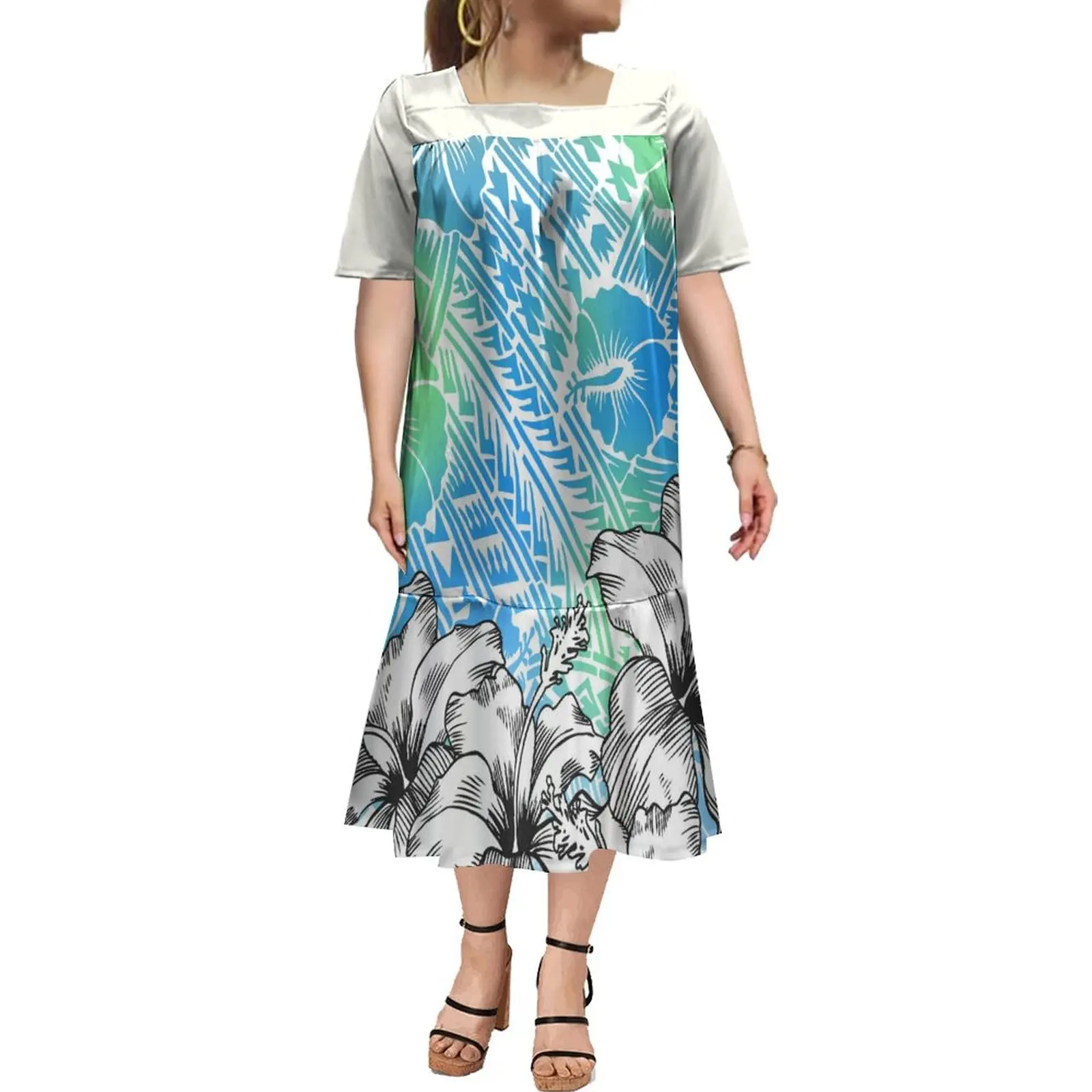 

Hawaii Tribal Style Summer Fashion Women Clothing MUMU 2024 Polynesian Print Design White And Blue Samoa