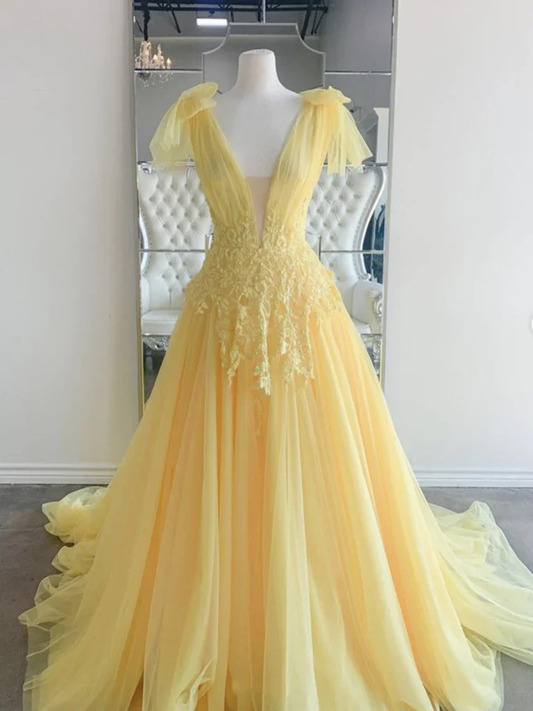 Yellow Prom Dresses 2024 Lace Applique Sleeveless Tulle V Neck Pleats  Sleeveless A Line Evening Gowns Formal Party Special - AliExpress