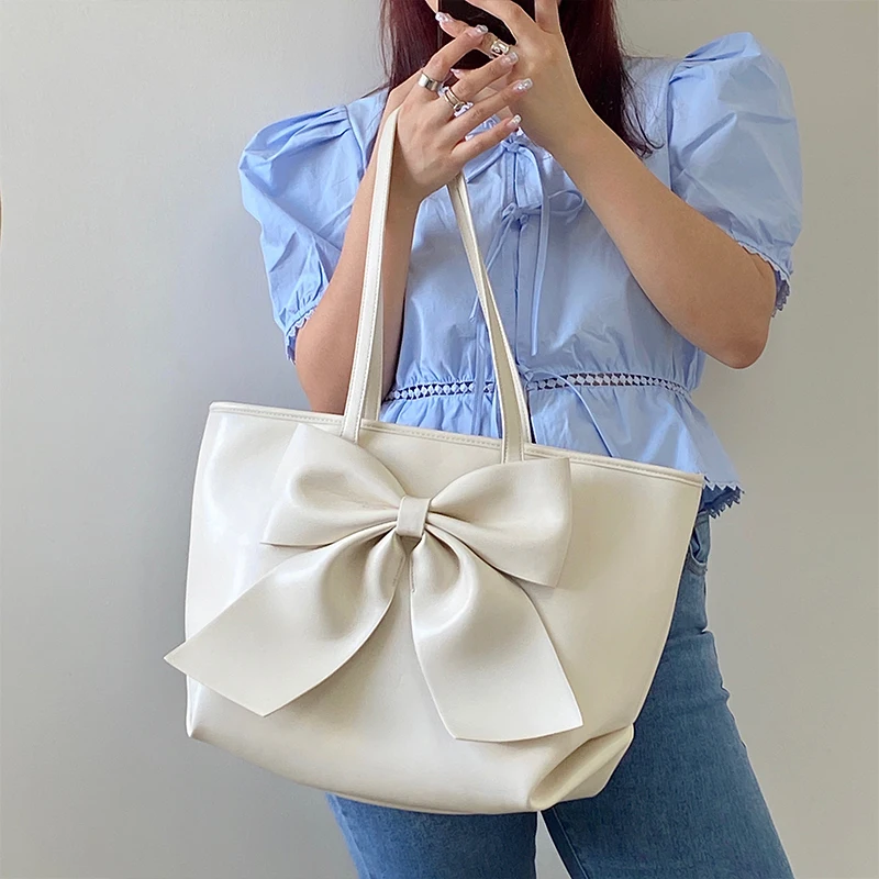 

Large Capacity Women's Bow Tote Bag Soft PU Leather Ladies Commute Purse Handbags Simple Solid Color Female Travel Shoulder Bags