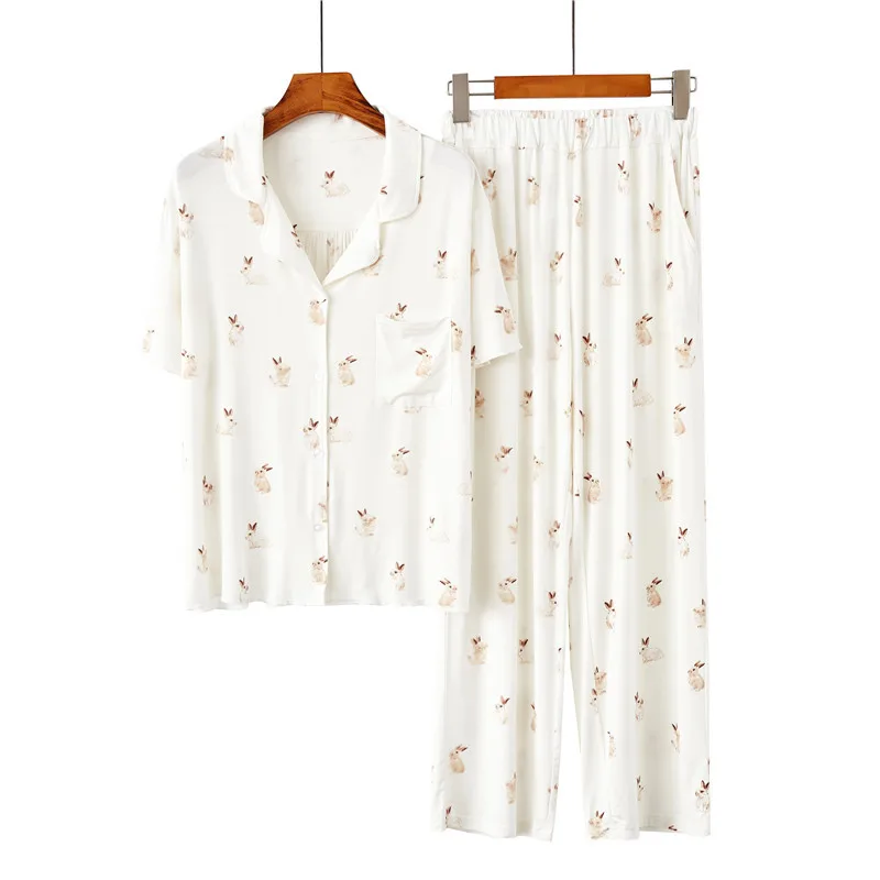 Spring Summer Woman Pajama Two-Piece Set Fashion Casual Short Sleeve Pajamas Elegance Loose Printed Rabbit Trousers Loungewear