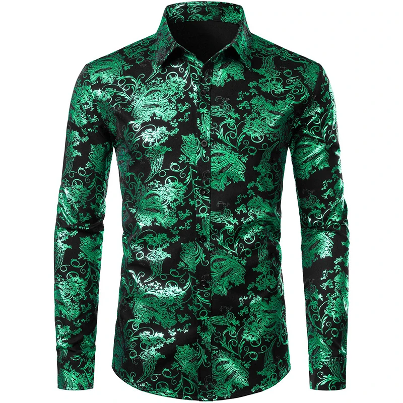 thumbnail image 1 of Camisa de vestir con estampado floral dorado de lujo para hombre, camisas de manga larga con botones y estampado completo en 3D para fiestas, blusas casuales para hombre, 1 of 4