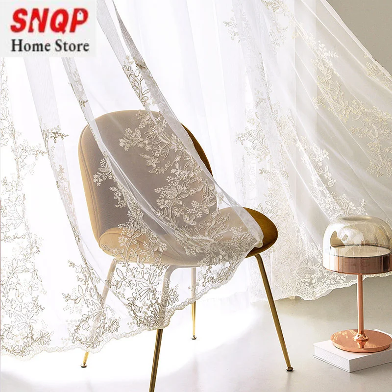 

European French American Three-dimensional Embroidery Flower White Tulle Curtain for Living Room Bedroom Window Screen Sheer
