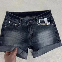 Retro Roll Up Hem Deep Blue Denim Shorts Women Summer Sexy Low Rise Hip Covering Hot Pants American Distressed Washed Jean Short - Image 3