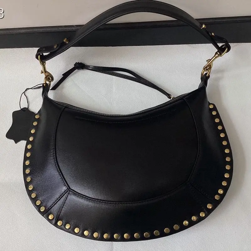 French Designer Gold Rivet Leather Shoulder Bag for Women's Retro Motorcycle Style Crossbody Bag High-quality Cowhide Handbag