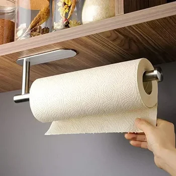 Porte-serviettes en papier auto-adhésif en acier inoxydable, porte-rouleau de papier de cuisine, sans poinçonnage, support de rangement allongé pour cuisine et salle de bains 1