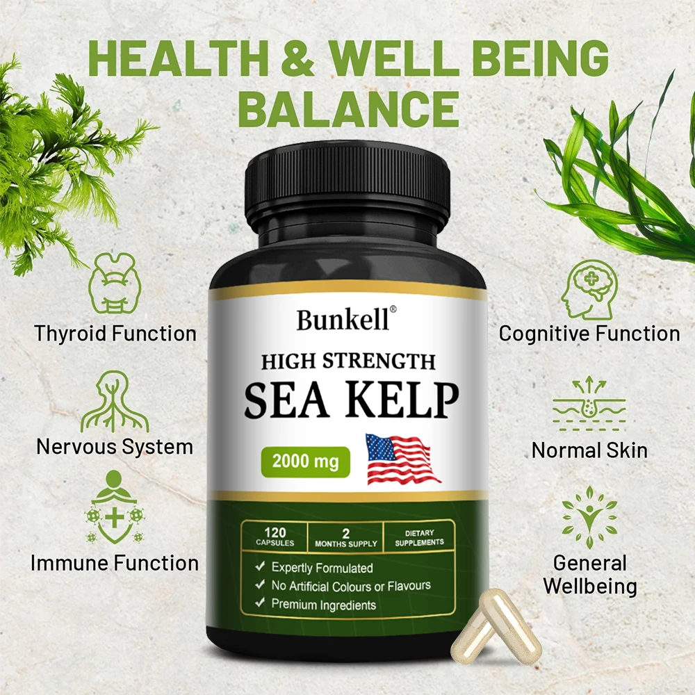 Bunkell Seaweed 2000 Mg-120 Veggie Caps Natural Source of Iodine for Thyroid, Nervous System, Immune and Cognitive Support