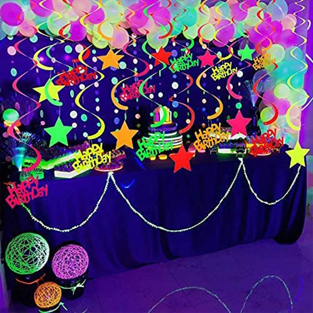 Happy birthday Neon Glow party decoration Ceiling Hanging Swirl Glow in uv  Garland Banner Glow in uv Light Party supplies