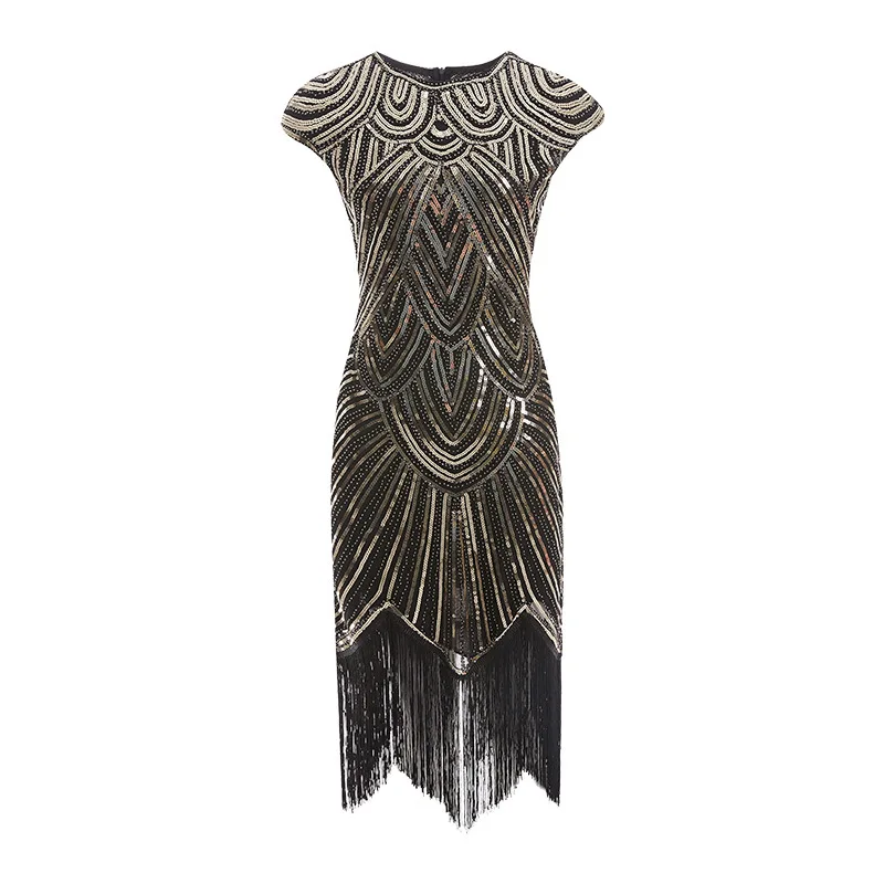 

Vintage 1920s Embellished Tassels Hem Flapper Dress Great Gatsby Cap Sleeve Sequin Fringe Party Midi Dress Vestidos Verano Dress