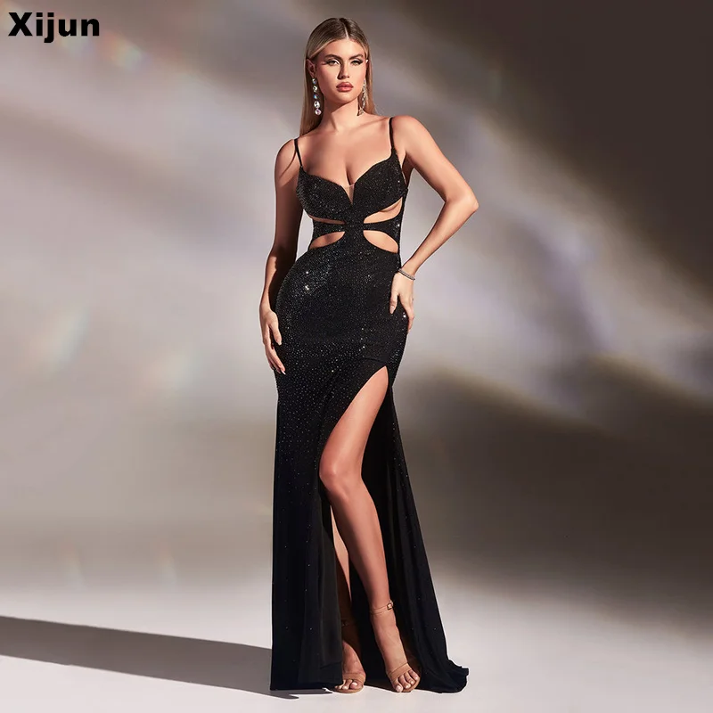 

Сексуальное черное платье Xijun с юбкой-годе, блестящее вечернее платье специального дизайна с Боковым Разрезом, вечерние платья, платья для вечеринок