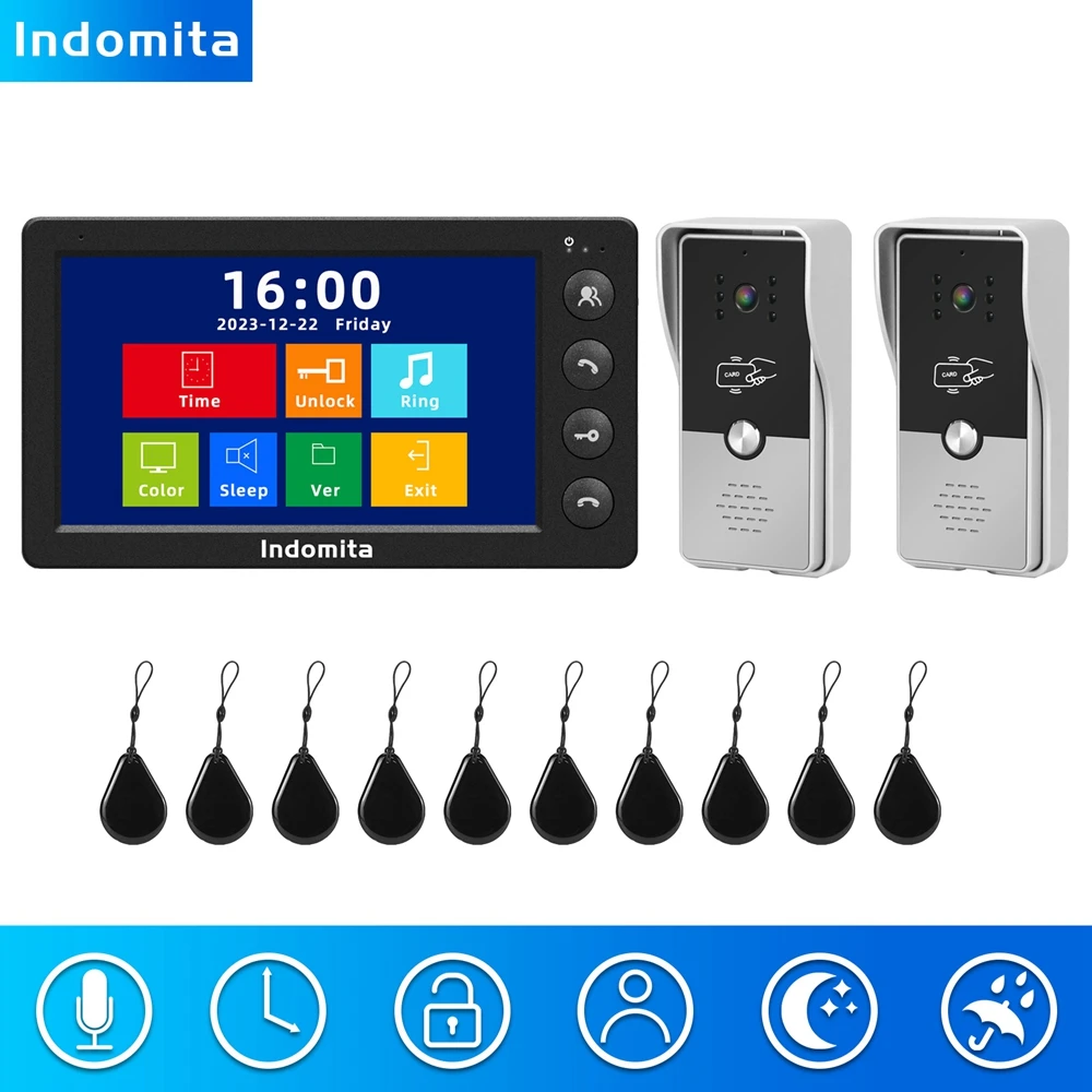 

Indomita Wired Intercom System,Video Door Phone 7 Inch,2 Outdoor Call Panel 1 Screen,Anglog Signal,Talk,Night Vision,RFID Unlock