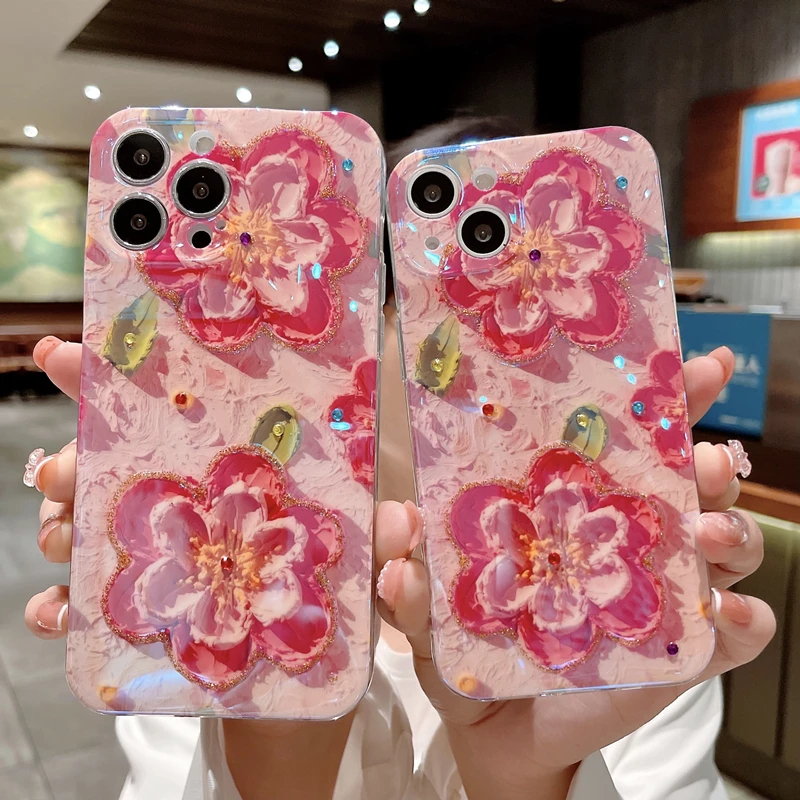 

Fashion Flowers Glitter Diamond Laser Phone Case For iPhone 14 13 12 11 Pro Max X XS XR 7 8 Plus SE Luxury Soft Shockproof Cover
