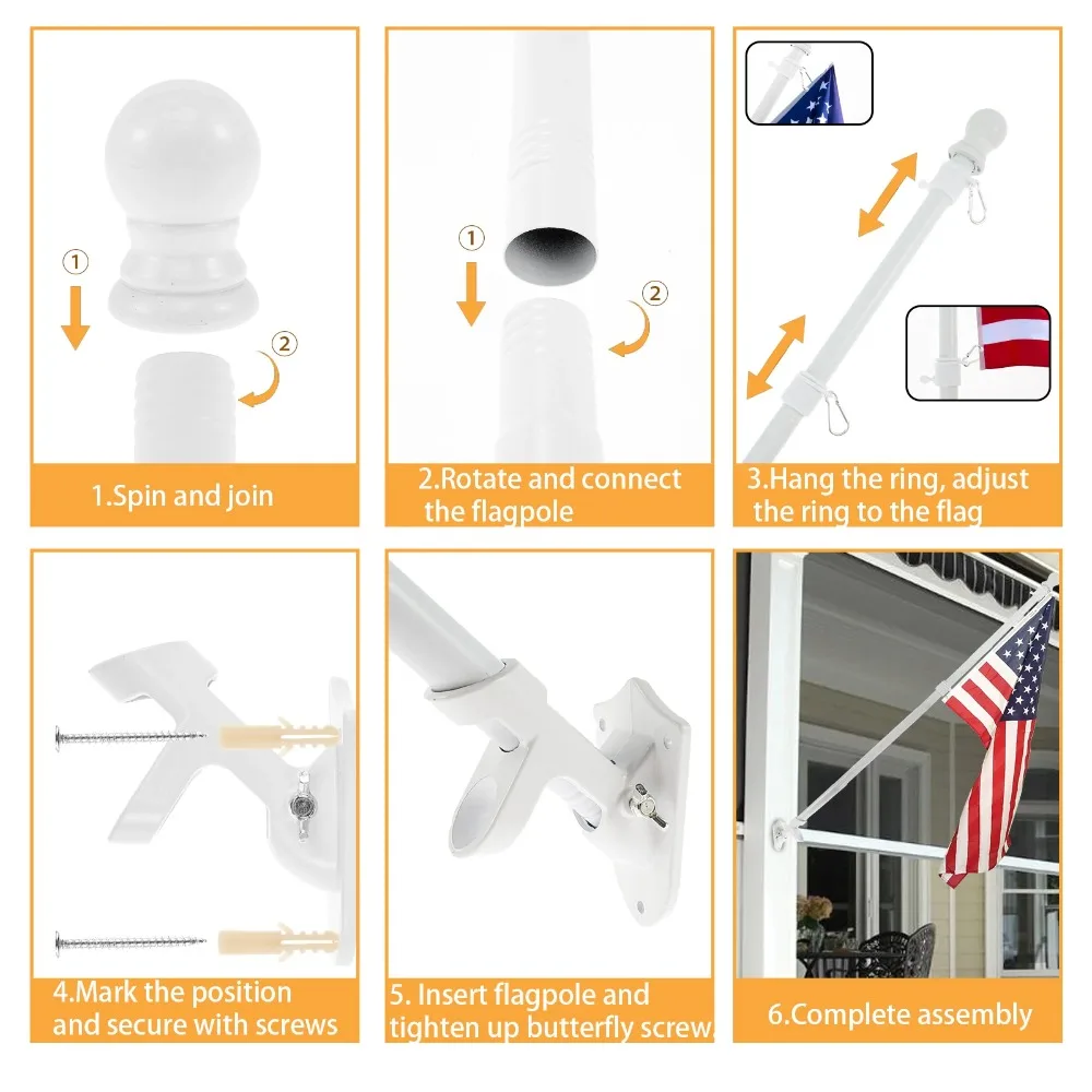 6Ft Flag Pole Kit Wall Mounted Heavy Duty Rotating Flag 360 Degree Rotating with Screws Stand Flagpole Yard Banner Holder