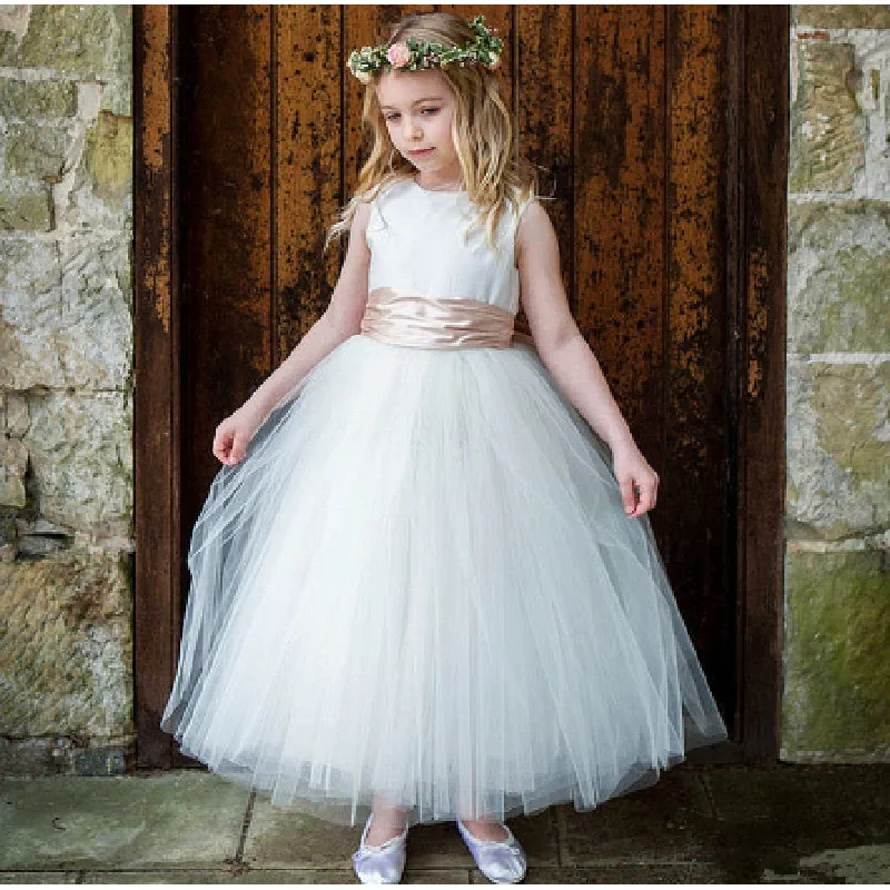 

Elegance Sleeveless Flower Girl Dresses For Kids Bridesmaid Wedding Even Maxi Princess Gown Lace Appqulies Communion Party