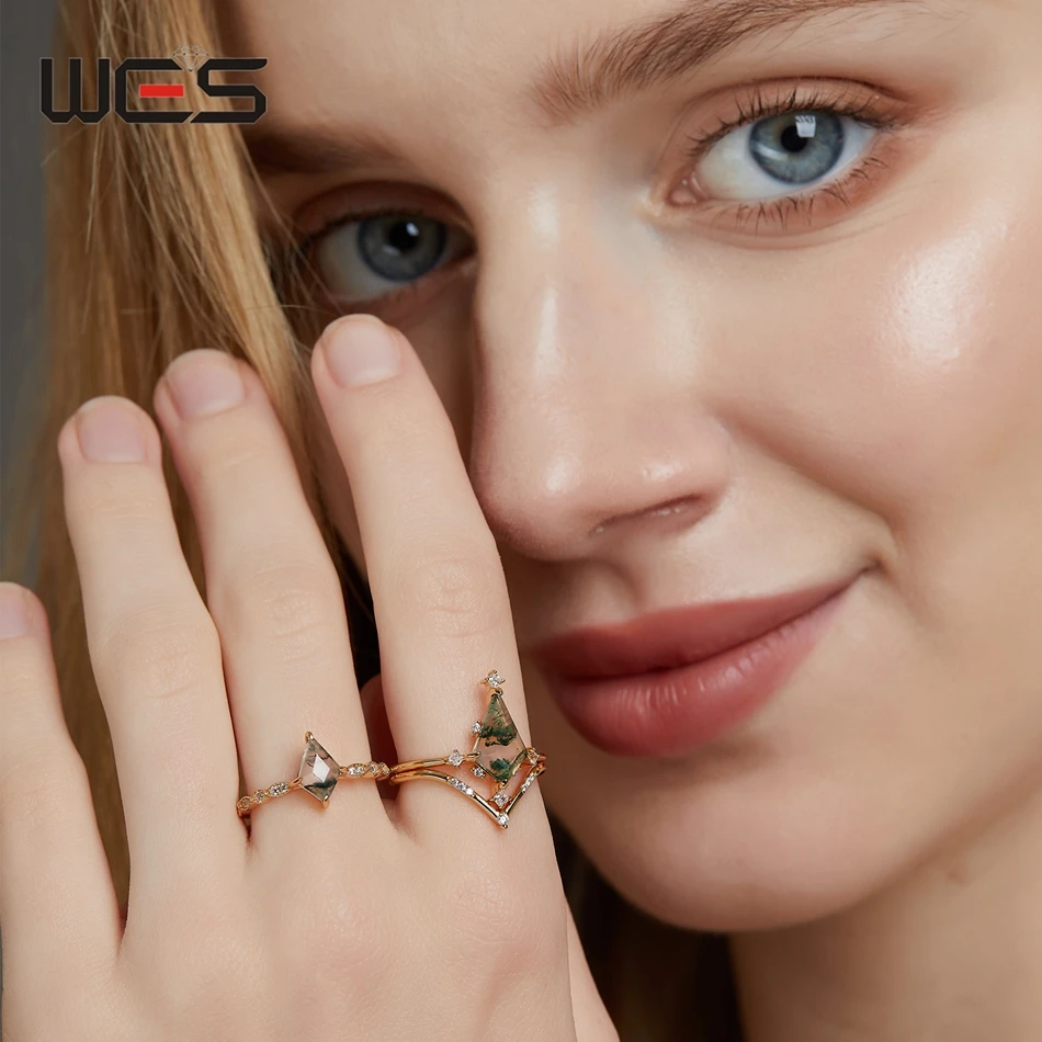 WES 100% 925 Sterling Silver Natural 6*9mm Moss Agate Rings For Woman Party Christmas Gift Anniversary Certified Fine Jewelry