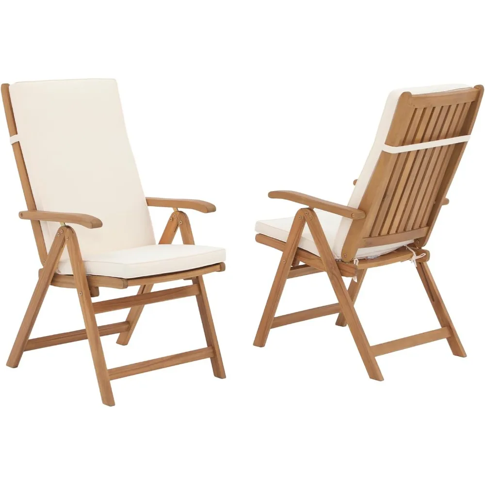 Folding Patio Dining Chair Set of 2, Outdoor Acacia Wooden Reclining Chair w/Armrest & Removeable Cushion, FSC Certified Wood 3