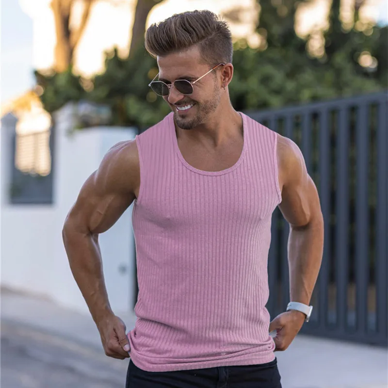 

2023 new mens stripe tank tops shirt gym fitness vest sleeveless male casual bodybuilding sports man Workout clothes clothing