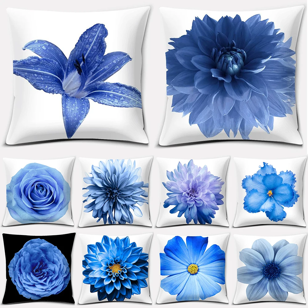 

Modern Blue Flower Series Printed Pattern Cushion Cover Home Living Room Sofa Decoration Square Polyester Pillow