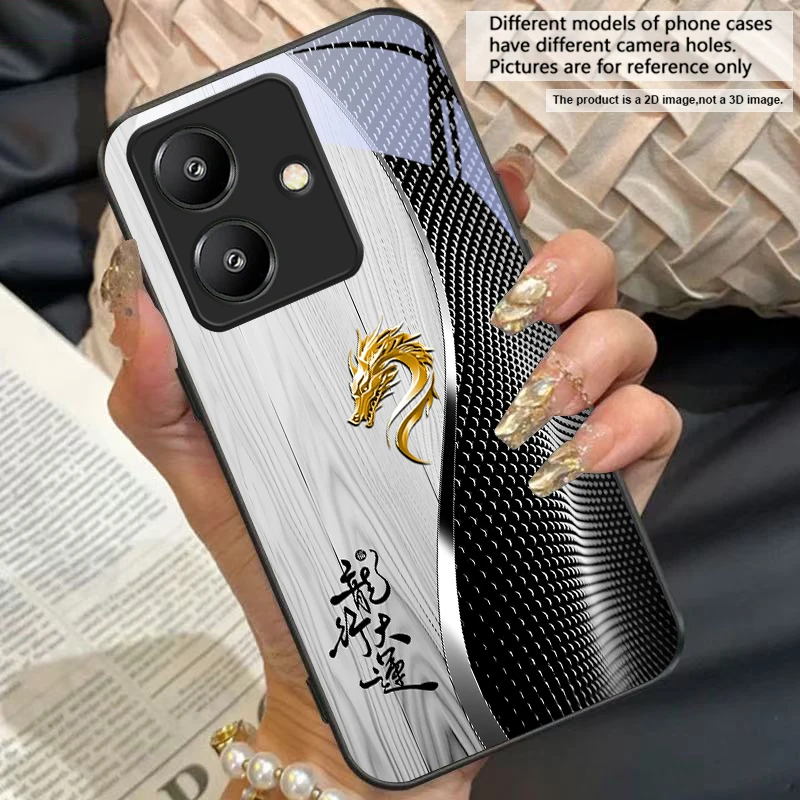 Elegant Black Tempered Glass Phone Case with Traditional Dragon Totem Design