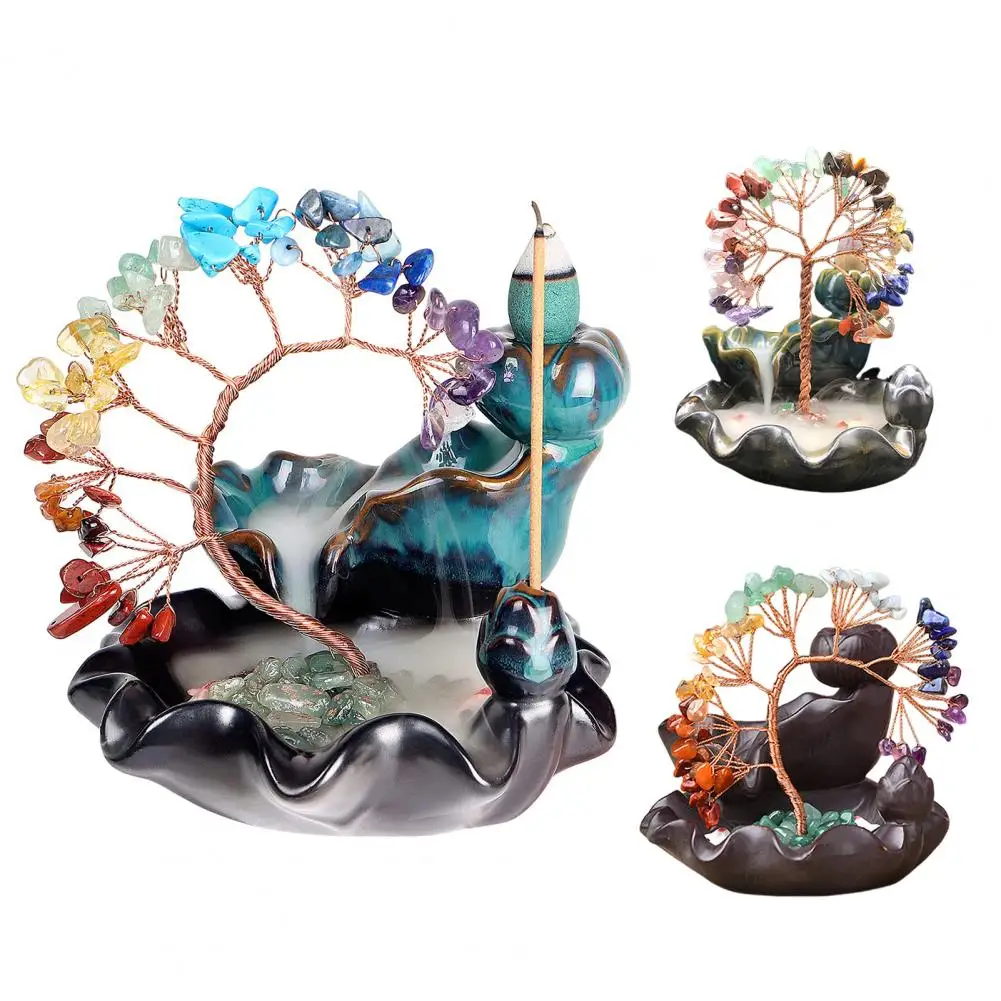Meditation Incense Burner Handcrafted Resin Waterfall Incense Holder with Faux Stone Lucky Tree Ornament for Home Zen Decoration 3