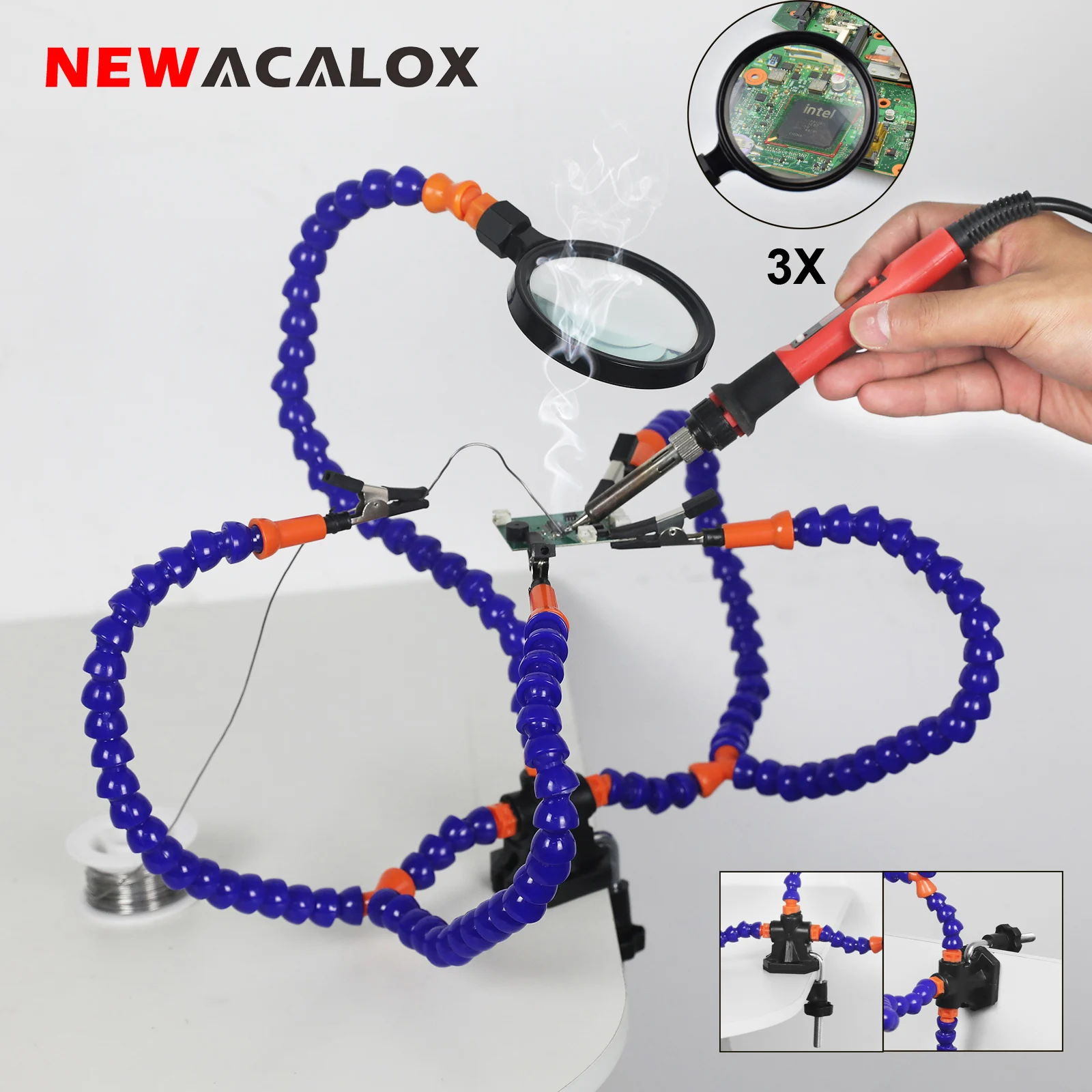 

NEWACALOX Clip-on Soldering Third Hand Helping Hans with 3X Magnifier 5Pcs Flexible Arms PCB Holder Welding Repair Tool