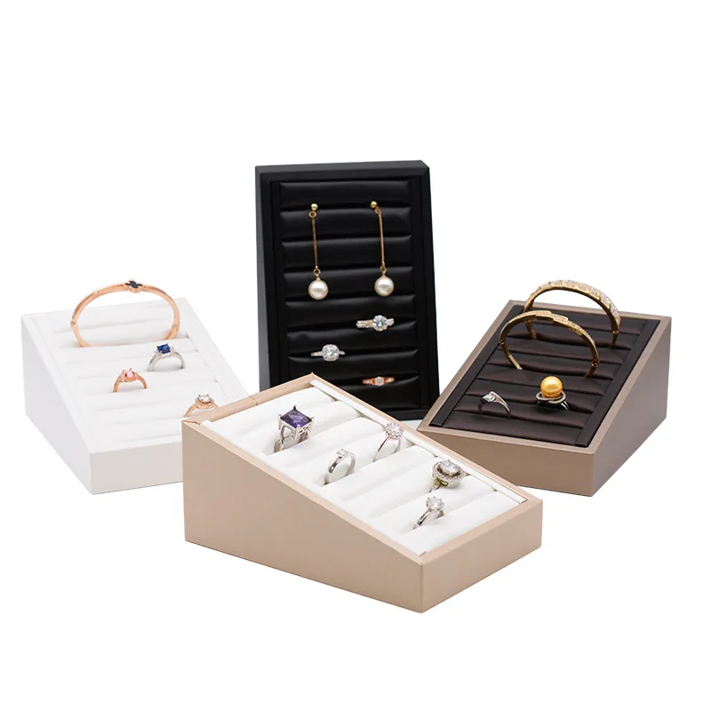 Leather Rings Earrings Tray Storage Box Jewelry Bracelet Organizer Case for Countertop Stores High Quality luxurious white pu earrings bracelet jewellery display rings tray necklaces holder various models for woman option wholesale
