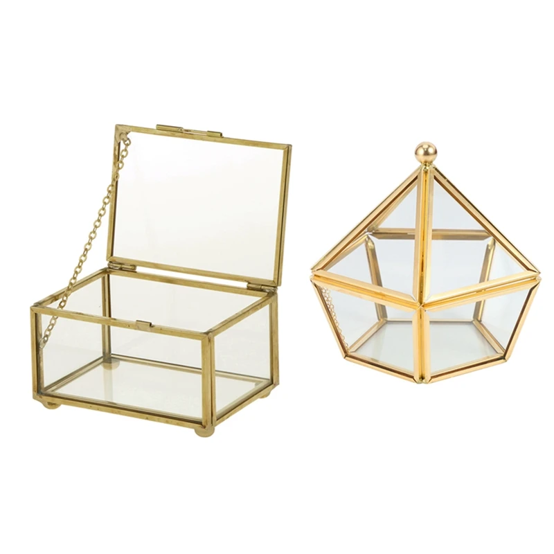 

Glass Ring Box Wedding Jewelry Case Immortal Flower Glass Cover & Geometric Glass Style Jewelry Box Table Container
