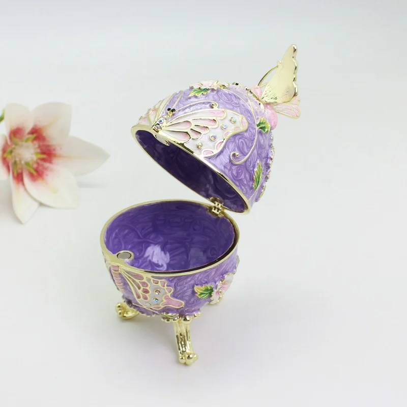 SHINNYGIFTS Schmetterlings-Osterei-Schmuckkästchen im Faberge-Ei-Stil mit Scharnier, Schmuckschatulle aus Metall für Heimdekoration, Ostergeschenke – Detail 5
