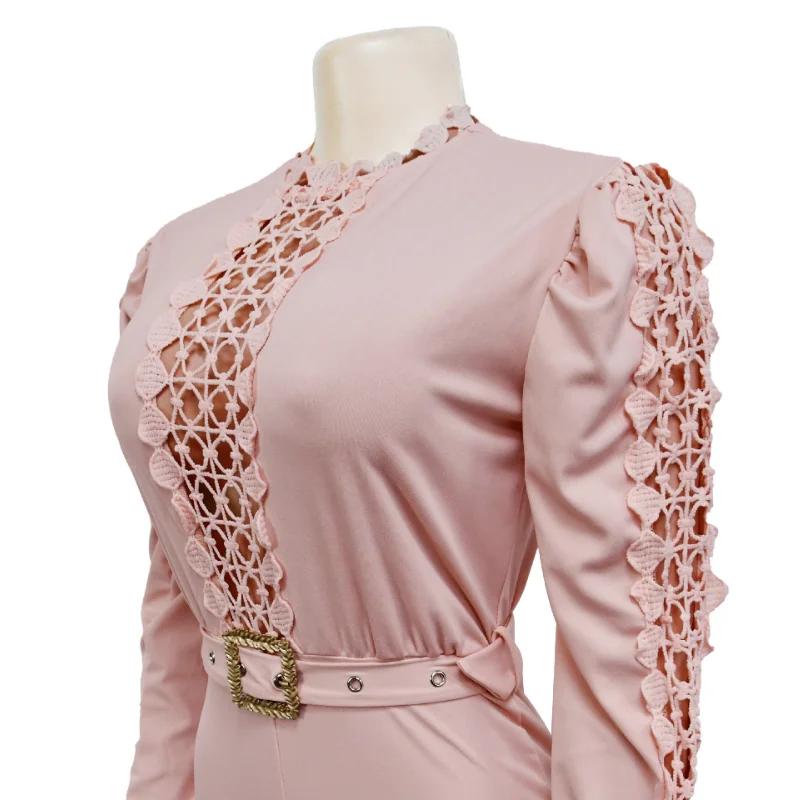 Elegant Hollow Out Office Lady Jumpsuit with Belt Autumn Long Sleeve Wide Leg Pants One Piece Luxury Evening Party Club Playsuit