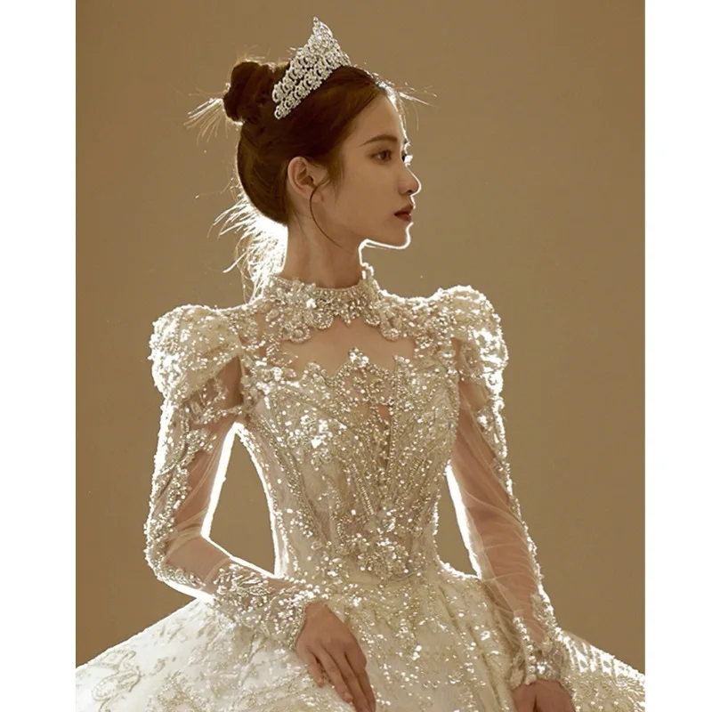 

Wedding Dress Bridal dresses gala Bride veil Long Sleeve shining sequin trailing FrenchLuxury Dinner gown H920
