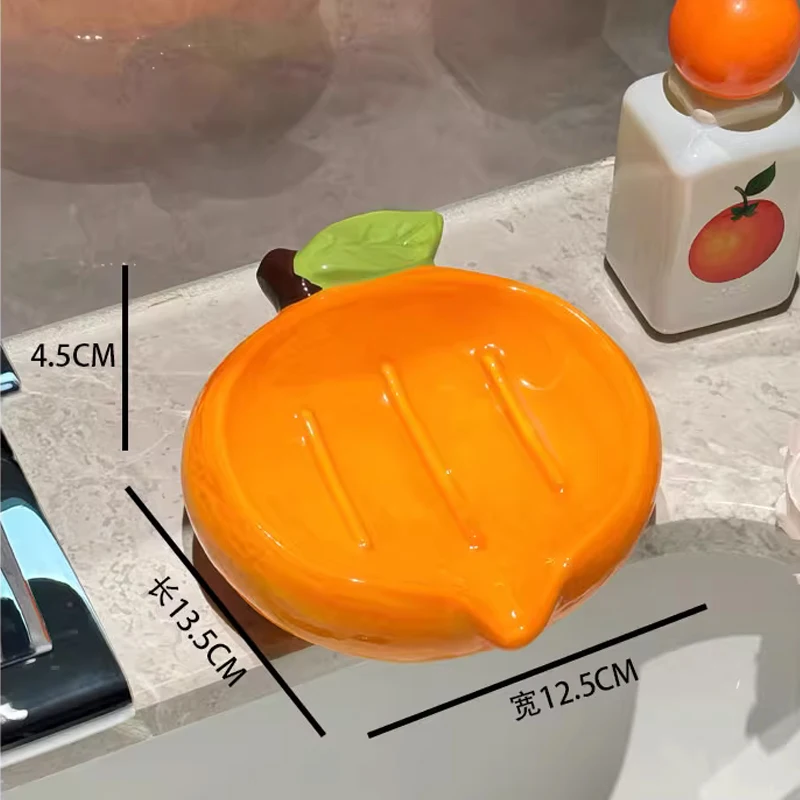 Ceramic Cute Cartoon Orange Shaped Soap Dishes Storage Rack, Home Bathroom Supplies Creative Light Luxury Drain No Punching, 1Pc