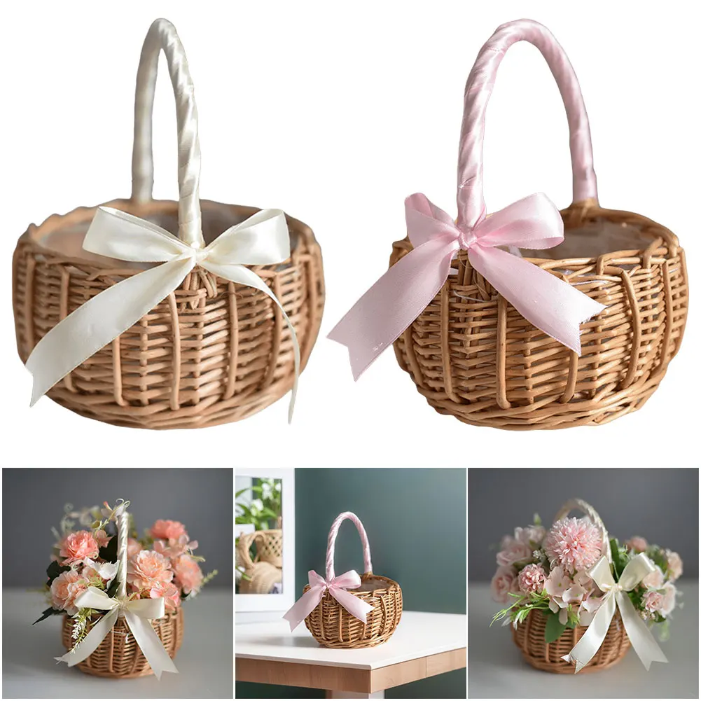 Wicker Rattan Flower Basket with Handle for Wedding Party Decor