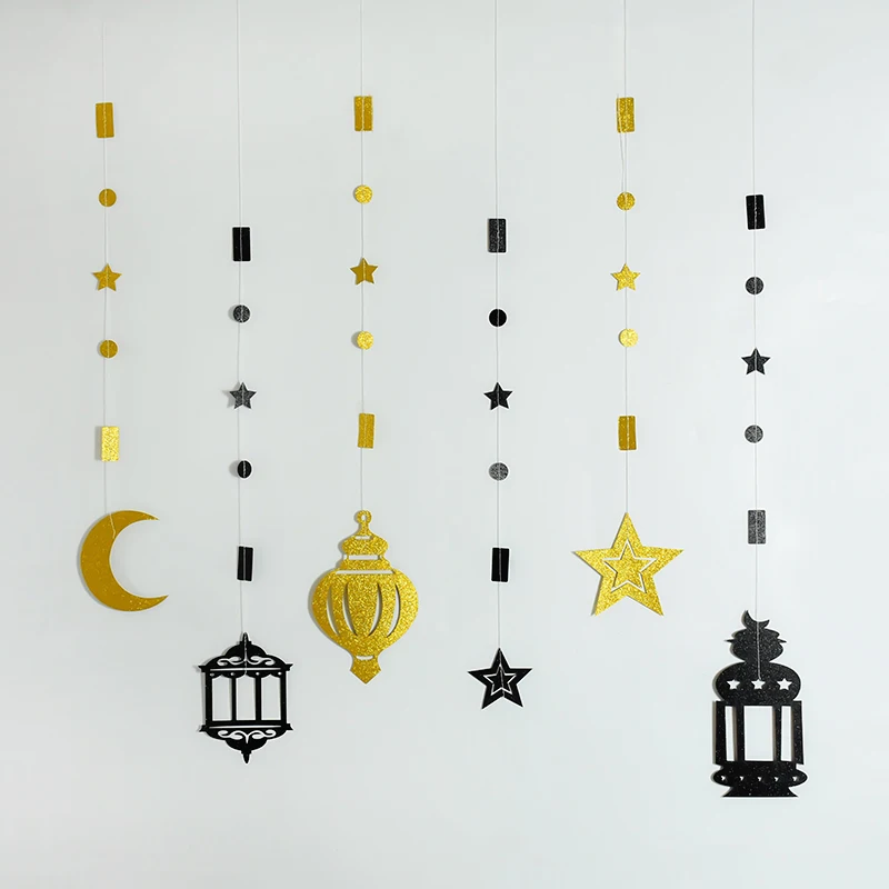 

6Pcs/set Eid Mubarak Banner Moon Star Bunting Ceiling Hanging Ornament Backdrop Ramadan Kareem Islam Muslim Party Decorations