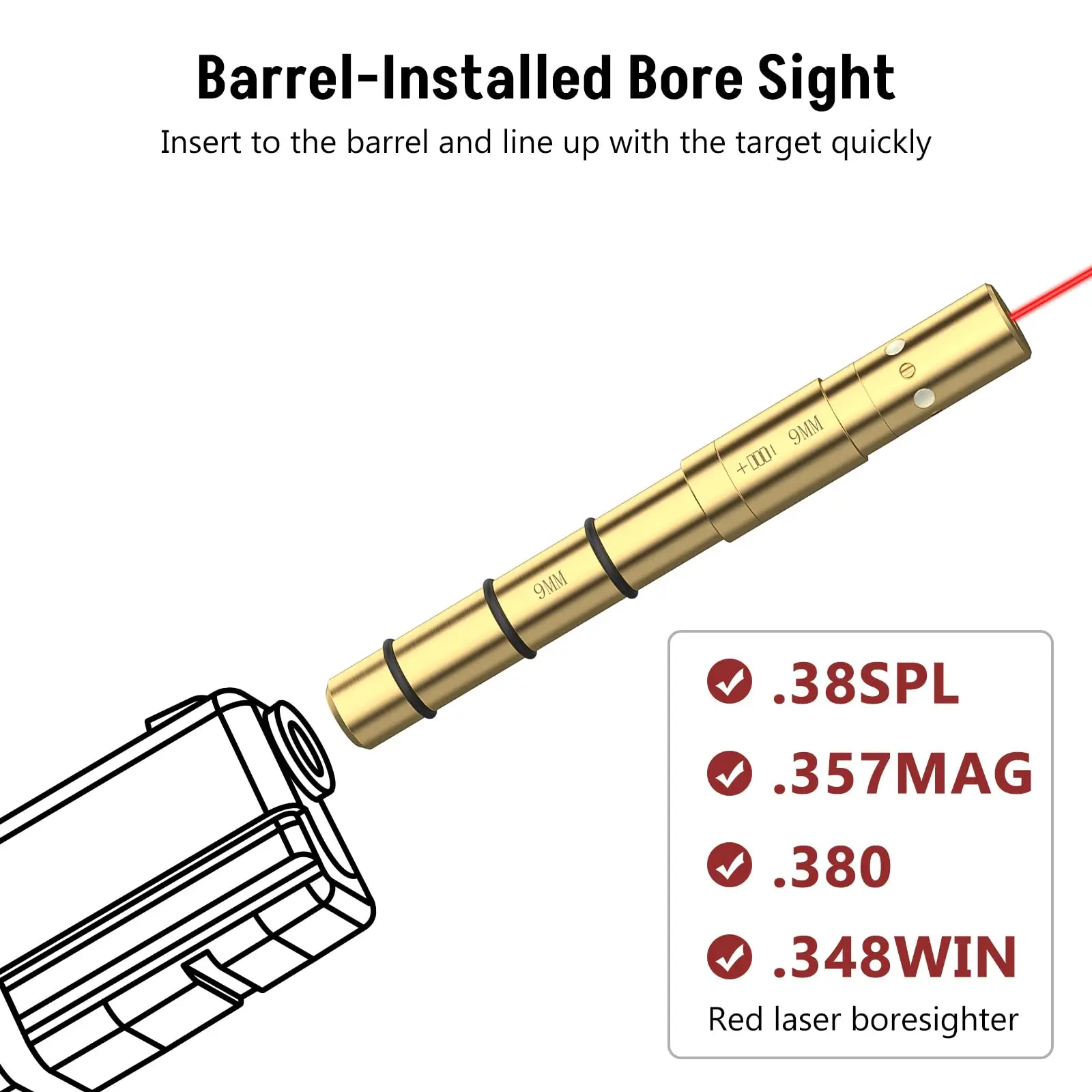 MidTen Laser Bore Sight 9MM 380ACP .38SPL .357MAG End Barrel Boresighter 4 Sets of Batteries Spare O-Rings Airsoft