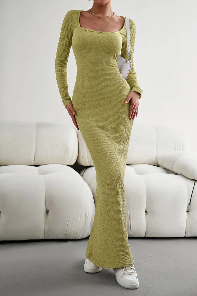 

Женское платье с длинным рукавом, однотонное элегантное облегающее Простое Повседневное Привлекательное платье для отпуска с квадратным вырезом, осень 2023