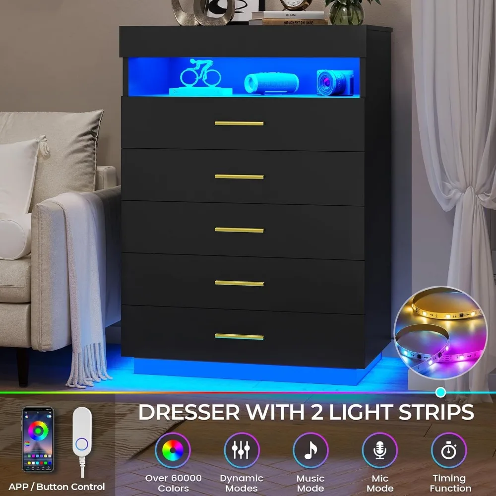 Black Dresser with LED Lights, Floating Tall Dresser with 5 Large Drawers & Open Storage Space & Pull Out Tray, 5 Drawer Dresser 3
