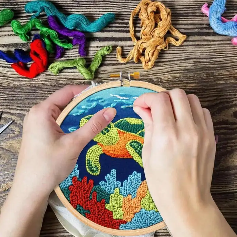 Punch Needle Embroidery Kit Turtle Pattern Punch Embroidery Kit Tool Set With Needle Instruction Fabric Hoop Yarn Crafting