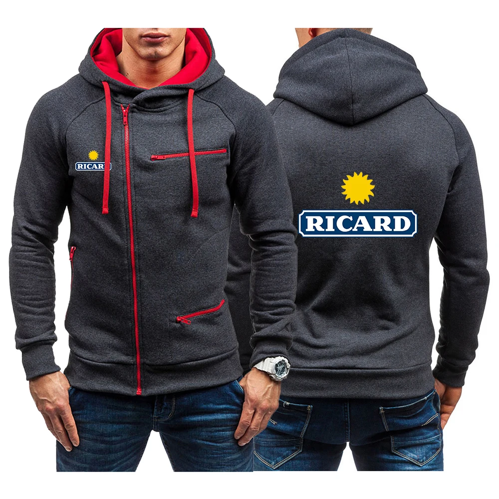 

Весна-Осень 2023, Мужская толстовка RICARD на молнии, однотонная, на молнии, с капюшоном, ежедневный фитнесс, классические топы с длинным рукавом
