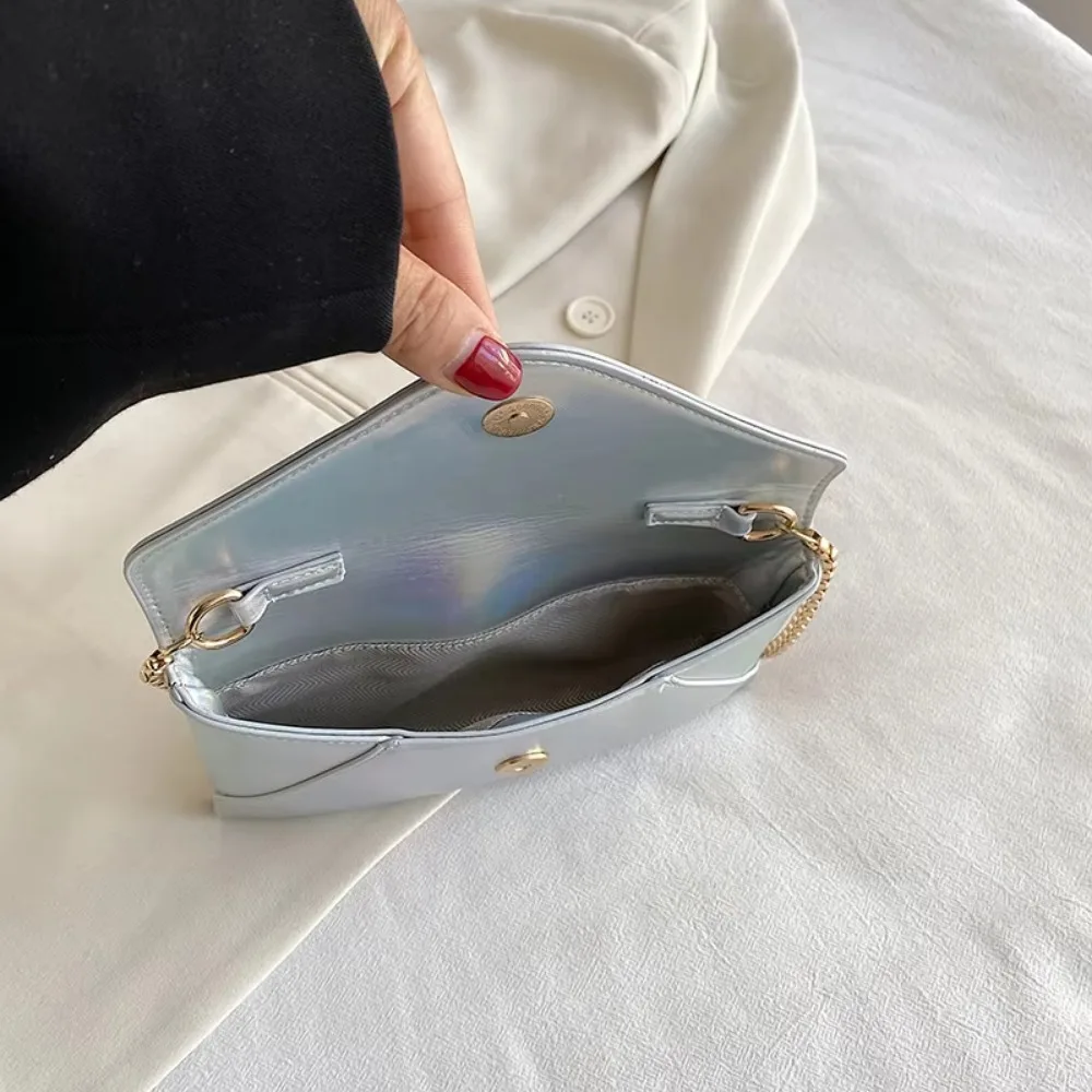 New Women's Evening Shoulder Bag Leather Clutch Purse Wedding Party Prom Wedding Envelope Handbag Silver Crossbody with Chain