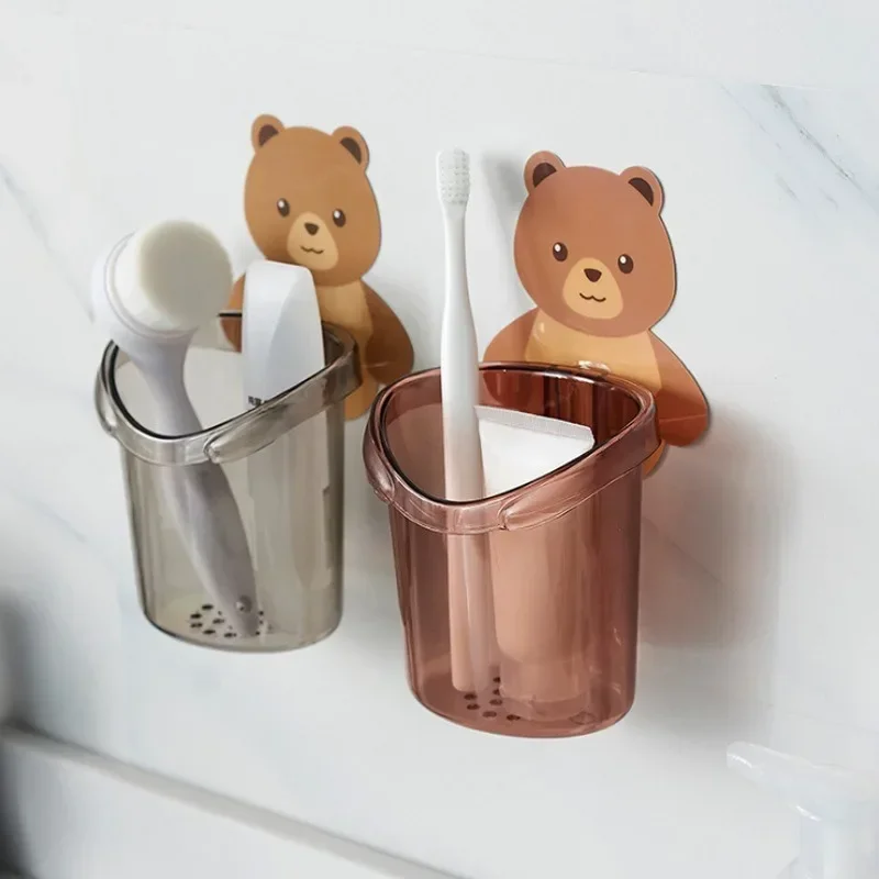 Bear Storage Cup Wall Mount Toothbrush Toothpaste Cup Rack Child Home Bathroom Accessories Holder Case Storage