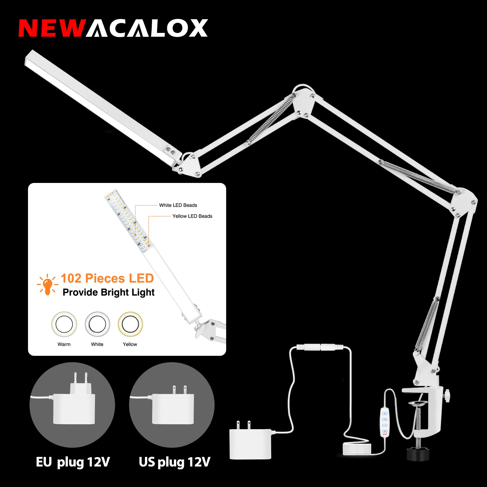 

NEWACALOX 102PCS SMD LED Lights Three Section Long Arm Eye Protection Desk Lamp 12W USB Dimmable Folding Clip Lamp for Study